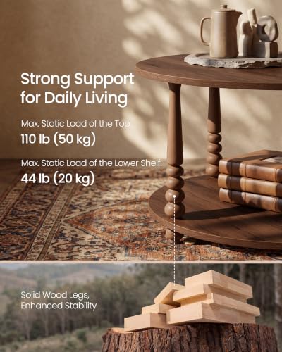 VASAGLE 2-Tier Round Coffee Table with Storage - Chestnut Brown