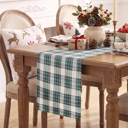 Christmas Checkered Table Runner - Green and White, 13 x 70 Inches, Plaid Holiday Decor