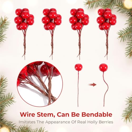 Artificial Holly Berry Picks - Red Foam Holiday Decorations for Wreaths & Crafts, 200 pcs