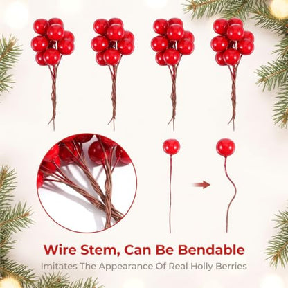 Artificial Holly Berry Picks - Red Foam Holiday Decorations for Wreaths & Crafts, 200 pcs