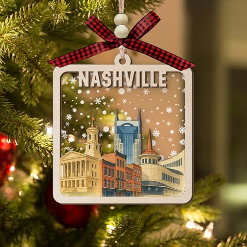 Wooden Christmas Ornament with Skyline and Snow Scene - Holiday Decor