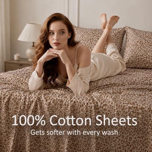 Queen 100% Cotton Leopard Sheet Set - Brown, Soft Breathable Bedding