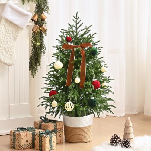 2 Pack Unlit 3FT Artificial Norfolk Pine Christmas Trees with Woven Basket - Real-Touch Foliage