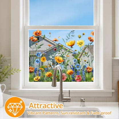 Decorative Static Cling Window Film - Field Poppy Floral Design, 78.7" x 17.5" - Reusable, No-Residue, Bubble-Free Installation