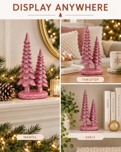 Pink Mini Christmas Tree Figurine Duo - 7-Inch Resin Tabletop Decor - Small