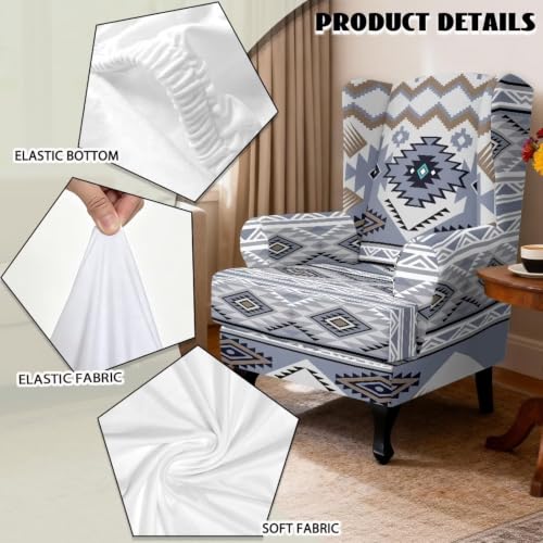 2 Pieces Wingback Chair Slipcover Light Gray Blue Aztec Pattern - Reversible & Stretchable