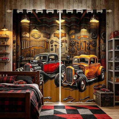 Castle Fairy Vintage Hot Rod Blackout Curtains Set - Brown Red, 76W x 54L Inches, 2 Panels