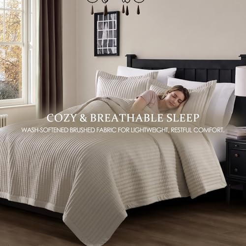 WDCOZY Cal King Size Quilt Set - Beige Striped Pick Stitch Bedspread