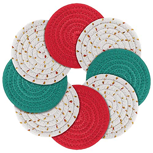 Christmas Coasters Set of 8 Handmade Cotton Woven Cup Pads - 4.3 Inches