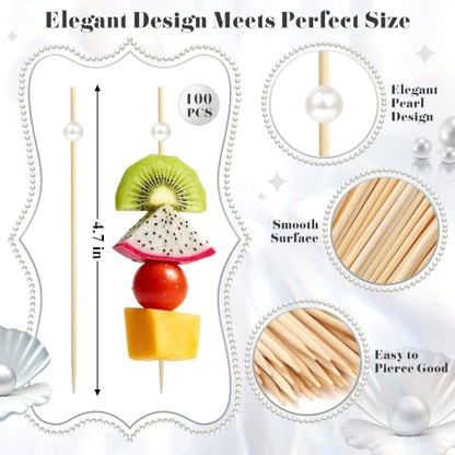 White Pearl Cocktail Picks - 4.7 Inch Bamboo Food Skewers, Elegant Party Toothpicks