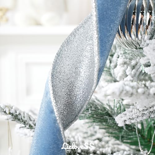 Dusty Blue and Silver Christmas Tree Topper Bow - 13 x 53 Inches - Handmade, Glitter Snowflake & Striped Design