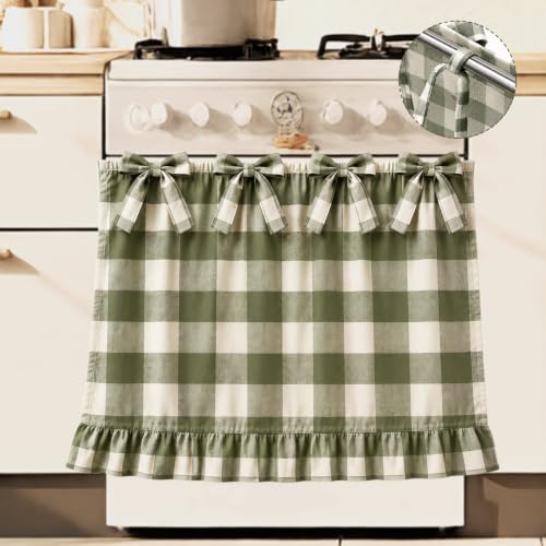 Farmhouse Sage Green Oven Skirt Curtain with Tied Bows - Coarse Check Pattern