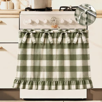 Farmhouse Sage Green Oven Skirt Curtain with Tied Bows - Coarse Check Pattern