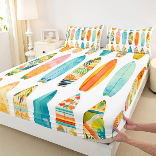 Colorful Surfboard Bed Sheets Set Full Size Beach Style Kids Bedding - Tropical Wave Print