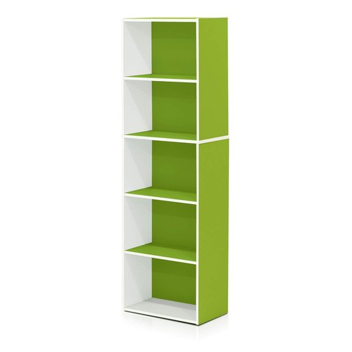 Furinno LUDER Book Shelf, 5-Tier Bookshelf, Bookcase with Open Shelves, 9.4 x 15.8 x 52, Easy Assembly, for Living Room, Bedroom, Home Office, White/Green