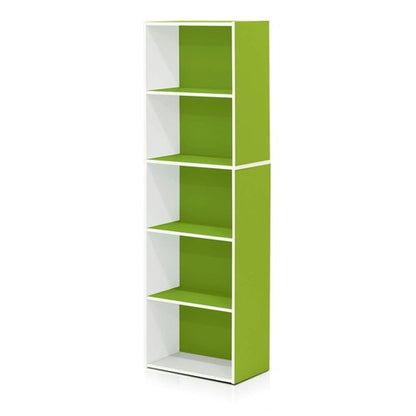 Furinno LUDER Book Shelf, 5-Tier Bookshelf, Bookcase with Open Shelves, 9.4 x 15.8 x 52, Easy Assembly, for Living Room, Bedroom, Home Office, White/Green