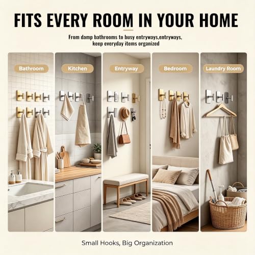 Silver T Shape Wall Towel Hooks, Heavy Duty Adhesive, 4 Pack