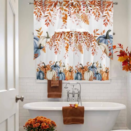Fall Pumpkin Swag Curtain Set with Valance and Eucalyptus Leaves - 3 Pieces, 27.5W x 24L, Orange Blue White Terracotta Variation of THIS listing