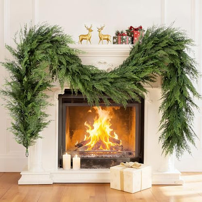 9Ft Real Touch Cedar Garland with 240 Branches, Lush Fake Christmas Wreath