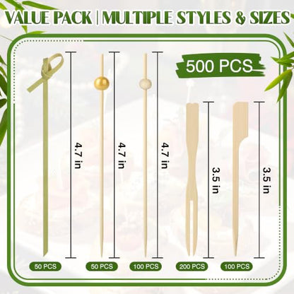 500PCS Bamboo Cocktail Picks Kit for Appetizers and Drinks - 5 Styles, 2 Sizes