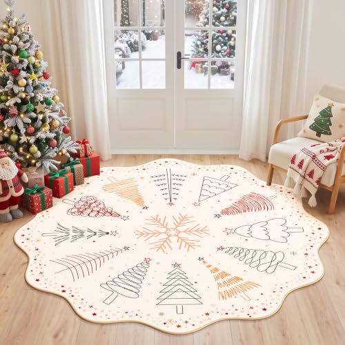 Colorful Christmas Tree Washable Round Rug 5ft for Living Room Beige