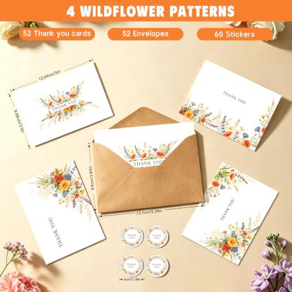 52 Thank You Cards with Envelopes & Stickers - Floral Watercolor Design, 3.5x5