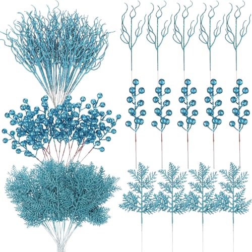 Light Blue Christmas Tree Picks 75 Pcs Glitter Berry & Pine Stems - Holiday Decor