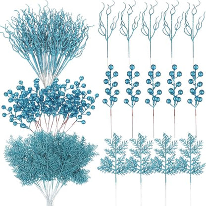 Light Blue Christmas Tree Picks 75 Pcs Glitter Berry & Pine Stems - Holiday Decor