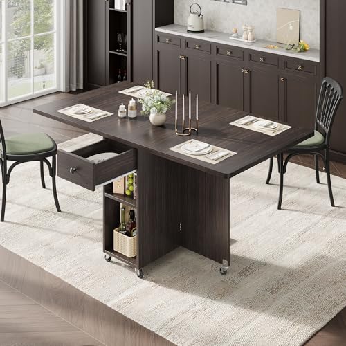 Jocoevol Space Saving Folding Dining Table for 4 - Walnut, Drop Leaf Kitchen Table with Drawer & Storage Shelf, 47.2 x 23.6 inches