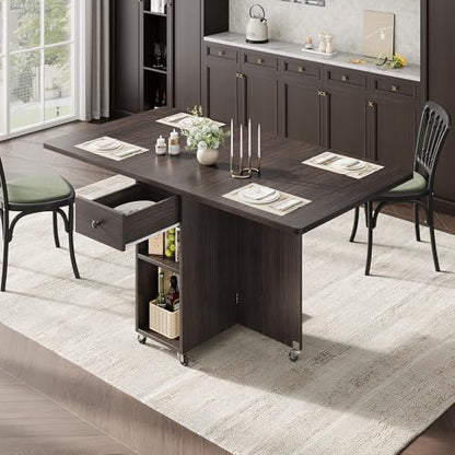 Jocoevol Space Saving Folding Dining Table for 4 - Walnut, Drop Leaf Kitchen Table with Drawer & Storage Shelf, 47.2 x 23.6 inches