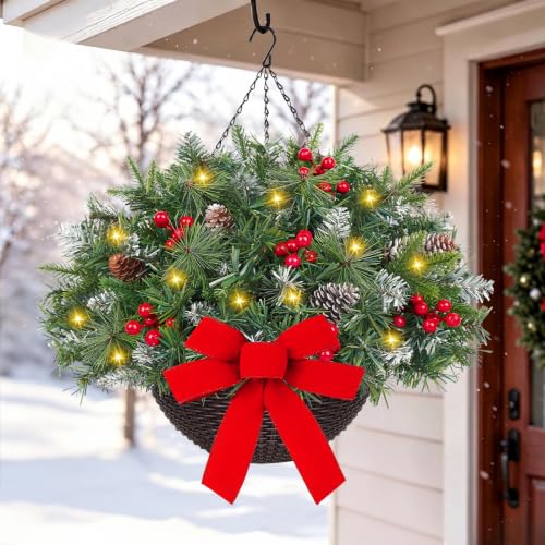 Artificial Christmas Hanging Basket with Lights and Bow - Green, 21 Inches