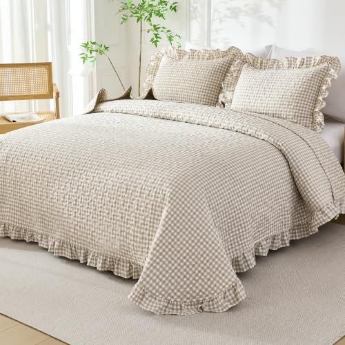 WINLIFE Tan Brown Gingham Twin Quilt Set with Ruffles - 68x90 Inches