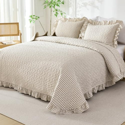 WINLIFE Tan Brown Gingham Twin Quilt Set with Ruffles - 68x90 Inches