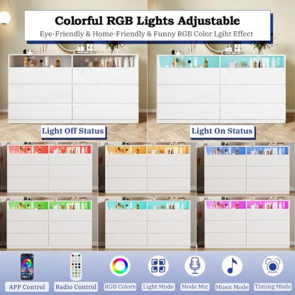 Premium 47" White Dresser with 6 Drawers, 2 Shelves & RGB Lights – Variation: White