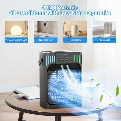 Portable 4-in-1 Evaporative Air Cooler with Remote, 3 Modes & LED Light - Black