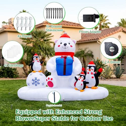 Polar Bear & Penguins Inflatable Christmas Yard Decoration - 8 Ft Lighted Outdoor Holiday Scene