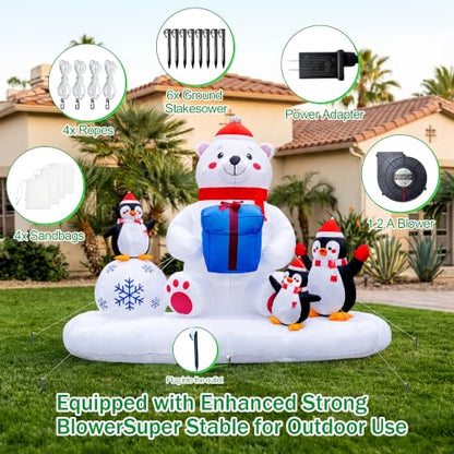 Polar Bear & Penguins Inflatable Christmas Yard Decoration - 8 Ft Lighted Outdoor Holiday Scene