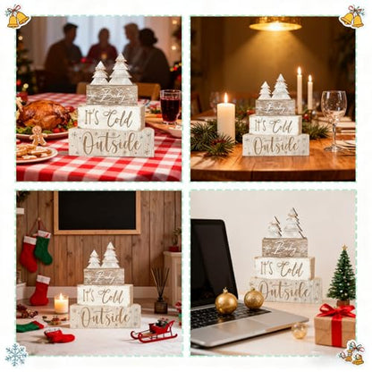 White Wooden Christmas Tree Tiered Tray Decor - Rustic Farmhouse Holiday Centerpiece