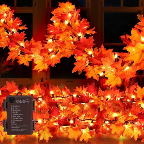 12 Ft LED Fall Garland with 50 Lights and 8 Modes Waterproof Maple Leaf Decor