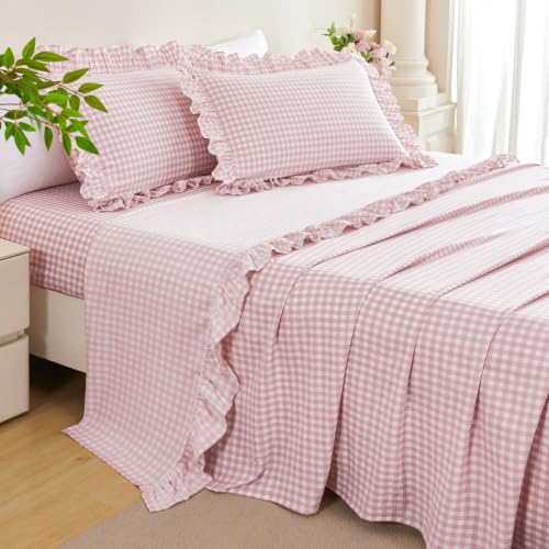 Pink Gingham Ruffle Sheet Set for Girls, Full Size - 4 Pieces Variation of Pink Gingham / Full