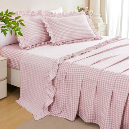 Pink Gingham Ruffle Sheet Set for Girls, Full Size - 4 Pieces Variation of Pink Gingham / Full