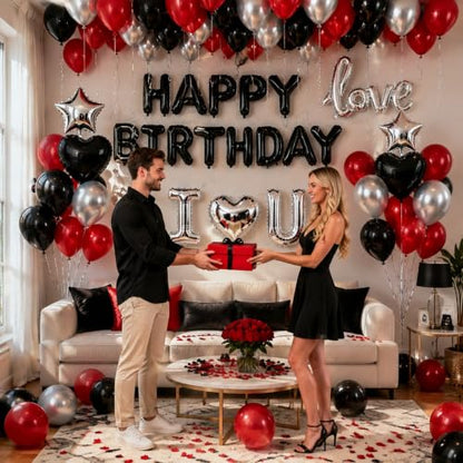 Red Black Silver Birthday Balloons Kit Happy Birthday Decoration - Black & Red