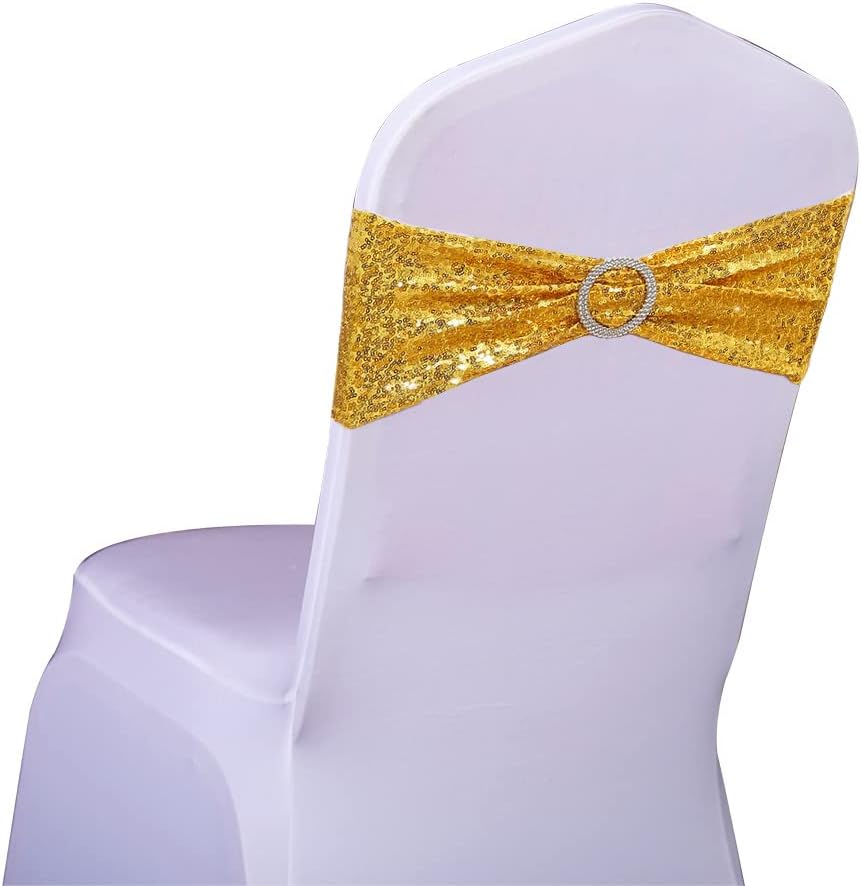 Sequin Gold Chair Sashes by Pack of 50 | Spandex Bands with Buckles for Weddings & Parties