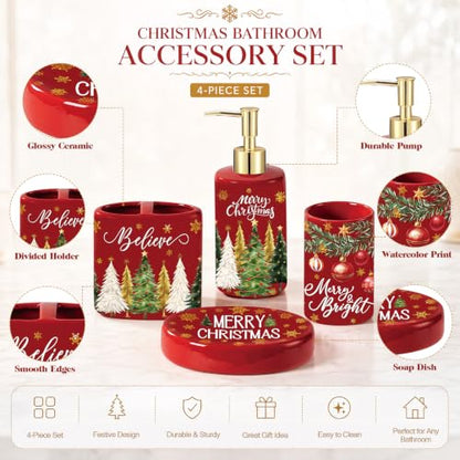 Christmas Ceramic Bathroom Accessories Set - Red Merry Christmas Variation