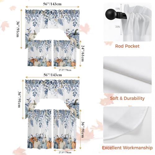 Blue Pumpkins Fall Tier Curtains with Swag Valance Sets - 27.5W x 24L White Blue