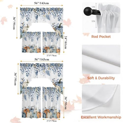 Blue Pumpkins Fall Tier Curtains with Swag Valance Sets - 27.5W x 24L White Blue