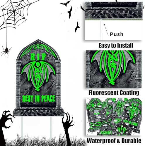 6 Pack Halloween Glow in The Dark Tombstones Decorations with Stakes - Large 16.5x10 Inch Outdoor Cemetery Props