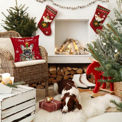 Frenchie Dog Christmas Throw Pillow Cover 18x18 - Red Xmas Snowflake Decor - Color 12