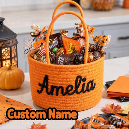 Personalized Halloween Trick or Treat Basket Ropestyle with Custom Name Cotton Rope Candy Bag - Kids Baby Nursery Gift