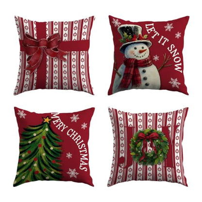 Christmas Throw Pillow Covers 18x18 Inch Set of 4 - Red Xmas Decor, Snowman & Christmas Tree Pattern - Variation of Christmas 15 / 18" x 18" (Pack of 4)